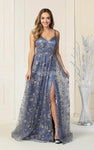 A-line V-neck Lace-Up Slit Sleeveless Spaghetti Strap Natural Waistline Floor Length Dress with a Brush/Sweep Train