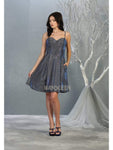 A-line Flutter Sleeves Spaghetti Strap Short Sweetheart Corset Empire Waistline Pleated Glittering Pocketed Dress