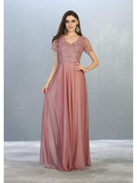 A-line V-neck Embroidered Glittering Back Zipper Applique Open-Back Sheer Natural Waistline Floor Length Flutter Short Sleeves Sleeves Dress With Rhinestones