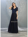 A-line V-neck Natural Waistline Applique Open-Back Glittering Sheer Back Zipper Embroidered Flutter Short Sleeves Sleeves Floor Length Dress With Rhinestones