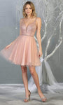 Sophisticated A-line V-neck Sleeveless Pleated Fitted Glittering Back Zipper Sheer V Back Cocktail Short Natural Waistline Plunging Neck Dress