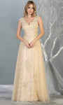 A-line V-neck Natural Waistline Floor Length Embroidered Lace-Up Fitted Cap Sleeves Evening Dress/Prom Dress