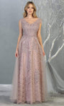 A-line V-neck Lace-Up Fitted Embroidered Cap Sleeves Natural Waistline Floor Length Evening Dress/Prom Dress