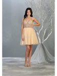 A-line V-neck Plunging Neck Sleeveless Natural Waistline Cocktail Short Pleated Glittering Open-Back Sheer Fitted Back Zipper Dress