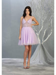 A-line V-neck Sleeveless Cocktail Short Natural Waistline Plunging Neck Open-Back Back Zipper Sheer Glittering Pleated Fitted Dress