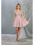 A-line V-neck Natural Waistline Cocktail Short Fitted Back Zipper Open-Back Pleated Sheer Glittering Plunging Neck Sleeveless Dress