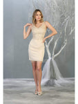 V-neck Sweetheart Short Sheath Open-Back Back Zipper Applique Illusion Sheer Sleeveless Lace Natural Waistline Sheath Dress With Rhinestones