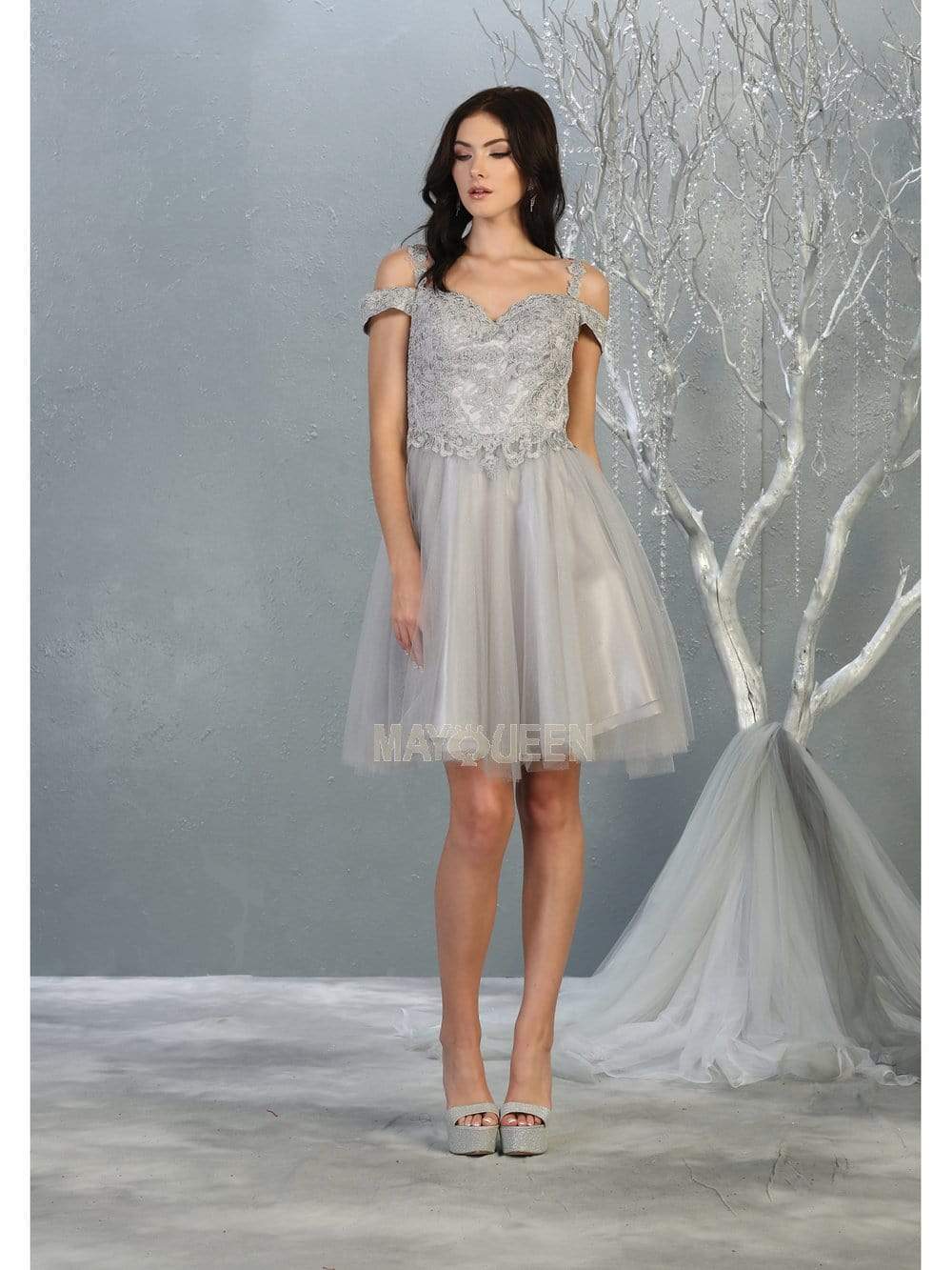 May Queen - MQ1809 Short Appliqued Off Shoulder Tulle Dress
