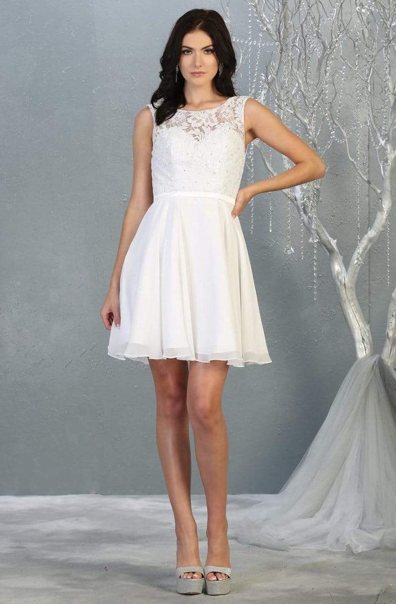 May Queen - MQ1814 Lace Chiffon Cocktail Dress with Lace-up Back
