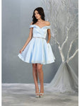 A-line Sweetheart Off the Shoulder Fitted Pocketed Back Zipper Cocktail Short Fit-and-Flare Satin Natural Princess Seams Waistline Party Dress