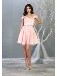 A-line Off the Shoulder Satin Sweetheart Natural Princess Seams Waistline Pocketed Fitted Back Zipper Cocktail Short Fit-and-Flare Party Dress