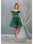 A-line Satin Sweetheart Back Zipper Pocketed Fitted Natural Princess Seams Waistline Cocktail Short Off the Shoulder Fit-and-Flare Party Dress