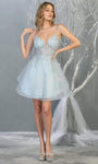 A-line V-neck Tiered Beaded Open-Back V Back Sheer Tulle Sleeveless Spaghetti Strap Natural Waistline Cocktail Short Party Dress