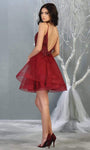 A-line V-neck Open-Back Beaded Sheer V Back Tiered Tulle Cocktail Short Sleeveless Spaghetti Strap Natural Waistline Party Dress