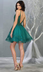 A-line V-neck Natural Waistline V Back Open-Back Tiered Sheer Beaded Tulle Cocktail Short Sleeveless Spaghetti Strap Party Dress