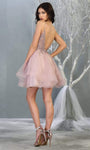 A-line V-neck Cocktail Short Natural Waistline Sleeveless Spaghetti Strap Beaded V Back Tiered Open-Back Sheer Tulle Party Dress