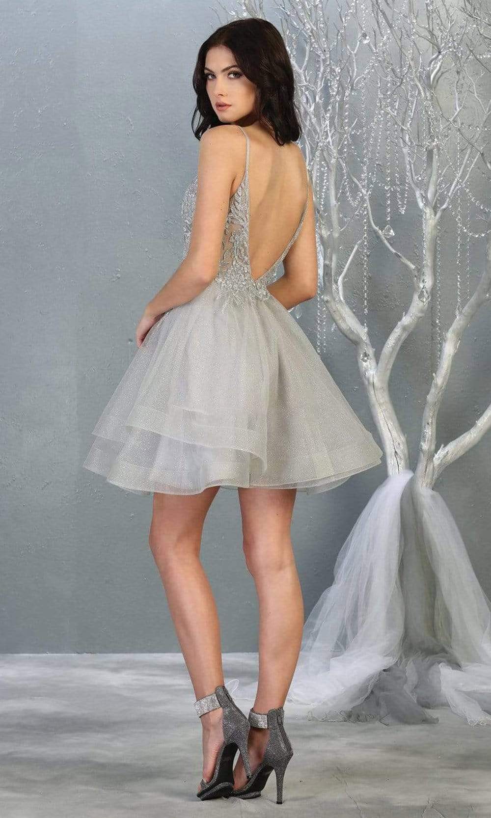 May Queen - MQ1816 Beaded Embellished Tiered Tulle Cocktail Dress
