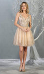 Tall A-line V-neck Sleeveless Short Applique Fitted Open-Back Glittering Back Zipper Beaded Sheer Natural Waistline Dress