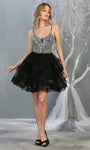 A-line V-neck Cocktail Short Natural Waistline Plunging Neck Sleeveless Spaghetti Strap Pleated Fitted Open-Back Lace-Up Glittering Dress With Ruffles