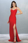 Sexy V-neck Satin Fitted Slit Lace-Up Open-Back Floor Length Sheath Natural Waistline Sleeveless Spaghetti Strap Sheath Dress with a Brush/Sweep Train