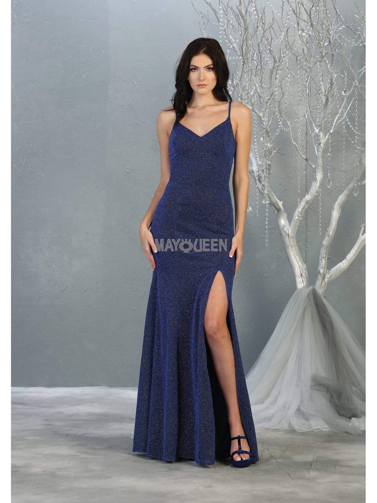 May Queen - MQ1822 Deep V-neck Trumpet Dress With Train
