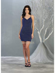 V-neck Sheath Glittering Open-Back Back Zipper Fitted Spaghetti Strap Natural Waistline Short Sheath Dress