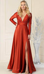 A-line V-neck Plunging Neck Cocktail Natural Waistline Long Sleeves Ruched Back Zipper Slit Gathered Shirred Homecoming Dress/Bridesmaid Dress/Prom Dress/Wedding Dress with a Brush/Sweep Train