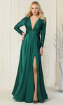 A-line V-neck Cocktail Long Sleeves Slit Gathered Shirred Back Zipper Ruched Natural Waistline Plunging Neck Evening Dress/Homecoming Dress/Bridesmaid Dress/Prom Dress/Wedding Dress with a Brush/Sweep