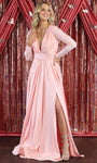 A-line V-neck Cocktail Plunging Neck Long Sleeves Natural Waistline Shirred Gathered Back Zipper Slit Ruched Evening Dress/Homecoming Dress/Bridesmaid Dress/Prom Dress/Wedding Dress with a Brush/Sweep