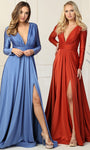 A-line V-neck Long Sleeves Natural Waistline Plunging Neck Gathered Back Zipper Slit Ruched Shirred Cocktail Evening Dress/Homecoming Dress/Bridesmaid Dress/Prom Dress/Wedding Dress with a Brush/Sweep