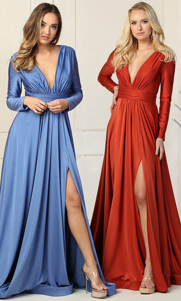 A-line V-neck Plunging Neck Natural Waistline Ruched Gathered Slit Back Zipper Shirred Long Sleeves Cocktail Evening Dress/Homecoming Dress/Bridesmaid Dress/Prom Dress/Wedding Dress with a Brush/Sweep