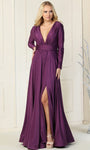 A-line V-neck Long Sleeves Cocktail Natural Waistline Back Zipper Ruched Gathered Shirred Slit Plunging Neck Evening Dress/Homecoming Dress/Bridesmaid Dress/Prom Dress/Wedding Dress with a Brush/Sweep