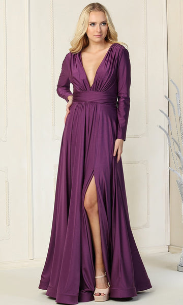 A-line V-neck Natural Waistline Long Sleeves Plunging Neck Slit Back Zipper Shirred Gathered Ruched Cocktail Evening Dress/Homecoming Dress/Bridesmaid Dress/Prom Dress/Wedding Dress with a Brush/Sweep