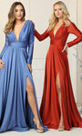 A-line V-neck Long Sleeves Natural Waistline Shirred Back Zipper Ruched Slit Gathered Plunging Neck Cocktail Evening Dress/Homecoming Dress/Bridesmaid Dress/Prom Dress/Wedding Dress with a Brush/Sweep