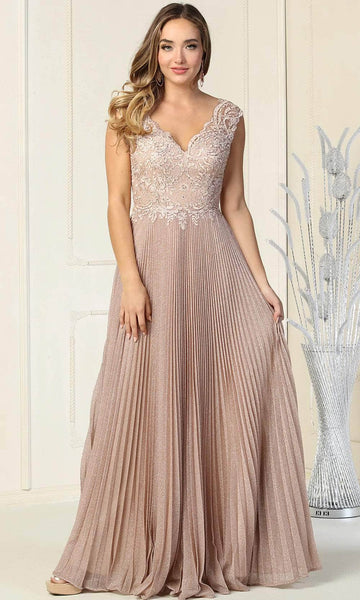A-line V-neck Floor Length Beaded Back Zipper Accordion Fitted Sheer Pleated Lace Cap Short Sleeves Sleeves Sleeveless Natural Waistline Dress