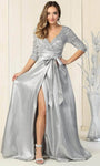 V-neck Sheath Empire Tie Waist Waistline Floor Length Fall Ruched Faux Wrap Sequined Slit Sheath Dress