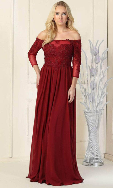 A-line Embroidered Sheer 3/4 Sleeves Off the Shoulder Natural Waistline Mother-of-the-Bride Dress/Party Dress