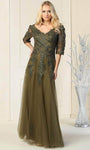 A-line V-neck Floor Length Sheer Elbow Length Sleeves Fit-and-Flare Natural Waistline Fitted Beaded Pleated Lace Evening Dress