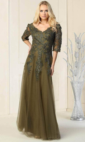 A-line V-neck Natural Waistline Fit-and-Flare Lace Sheer Elbow Length Sleeves Pleated Fitted Beaded Floor Length Evening Dress