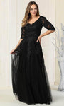 A-line V-neck Lace Fit-and-Flare Pleated Fitted Beaded Sheer Elbow Length Sleeves Floor Length Natural Waistline Evening Dress