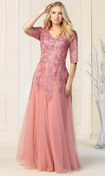 A-line V-neck Lace Sheer Elbow Length Sleeves Fit-and-Flare Beaded Pleated Fitted Natural Waistline Floor Length Evening Dress