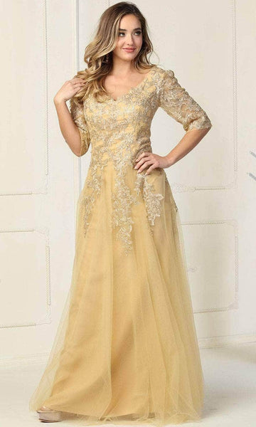 A-line V-neck Floor Length Fit-and-Flare Fitted Beaded Pleated Lace Sheer Elbow Length Sleeves Natural Waistline Evening Dress