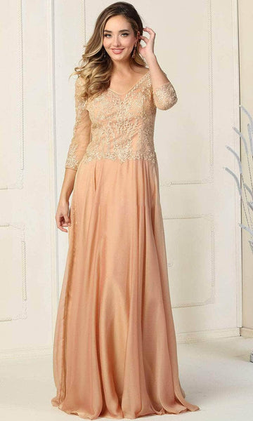 A-line V-neck Natural Waistline Applique Chiffon Floor Length Dress with a Brush/Sweep Train