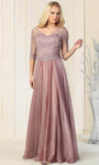 A-line V-neck Applique Natural Waistline Floor Length Chiffon Dress with a Brush/Sweep Train