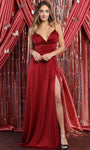 Sexy A-line V-neck Empire Waistline Satin Spaghetti Strap Slit Open-Back Ruched Back Zipper Gathered Prom Dress with a Brush/Sweep Train