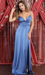 Sexy A-line V-neck Slit Gathered Open-Back Back Zipper Ruched Satin Empire Waistline Spaghetti Strap Prom Dress with a Brush/Sweep Train