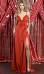 Sexy A-line V-neck Slit Back Zipper Open-Back Gathered Ruched Empire Waistline Spaghetti Strap Satin Prom Dress with a Brush/Sweep Train