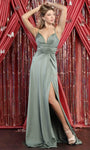 Sexy A-line V-neck Empire Waistline Spaghetti Strap Satin Gathered Open-Back Ruched Back Zipper Slit Prom Dress with a Brush/Sweep Train