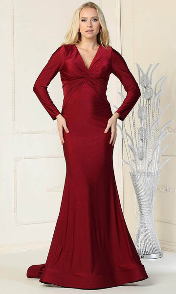 V-neck Long Sleeves Back Zipper Goddess Ruched Fitted Gathered Open-Back Natural Waistline Mermaid Cocktail Floor Length Homecoming Dress/Bridesmaid Dress/Prom Dress/Wedding Dress with a Brush/Sweep T
