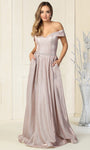 Tall Sophisticated A-line Cocktail Pleated Glittering Open-Back Back Zipper Draped Gathered Pocketed Flutter Sleeves Off the Shoulder Natural Waistline Metallic Homecoming Dress/Bridesmaid Dress/Prom 